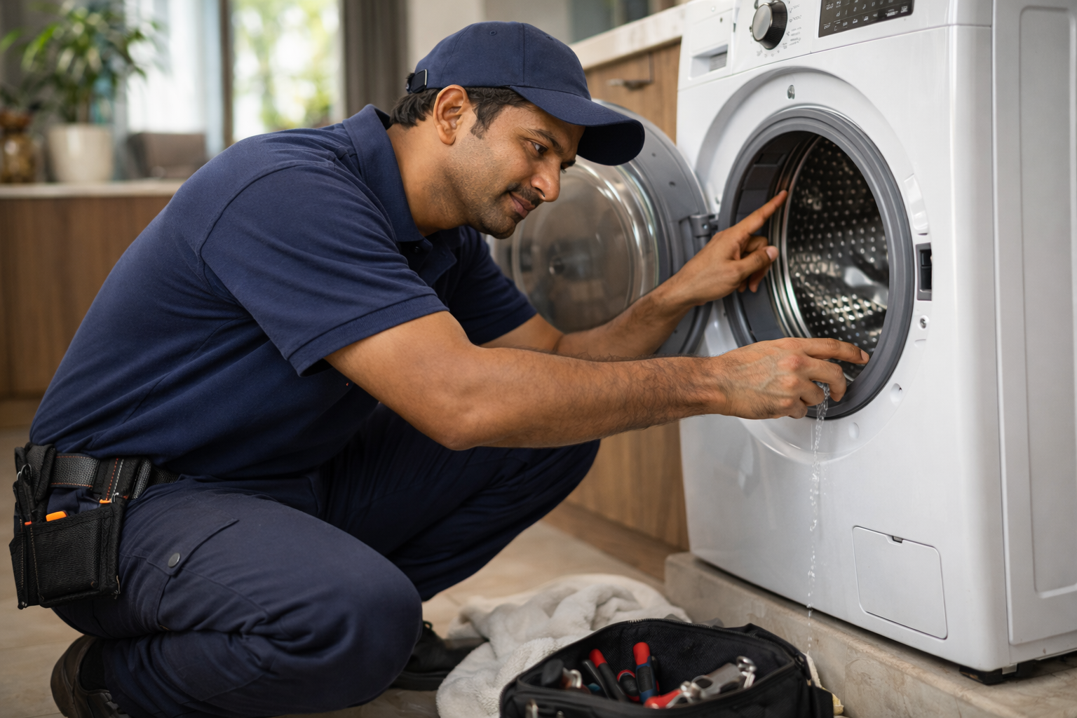 Washing machine technician inspecting washing machine at home in Hyderabad