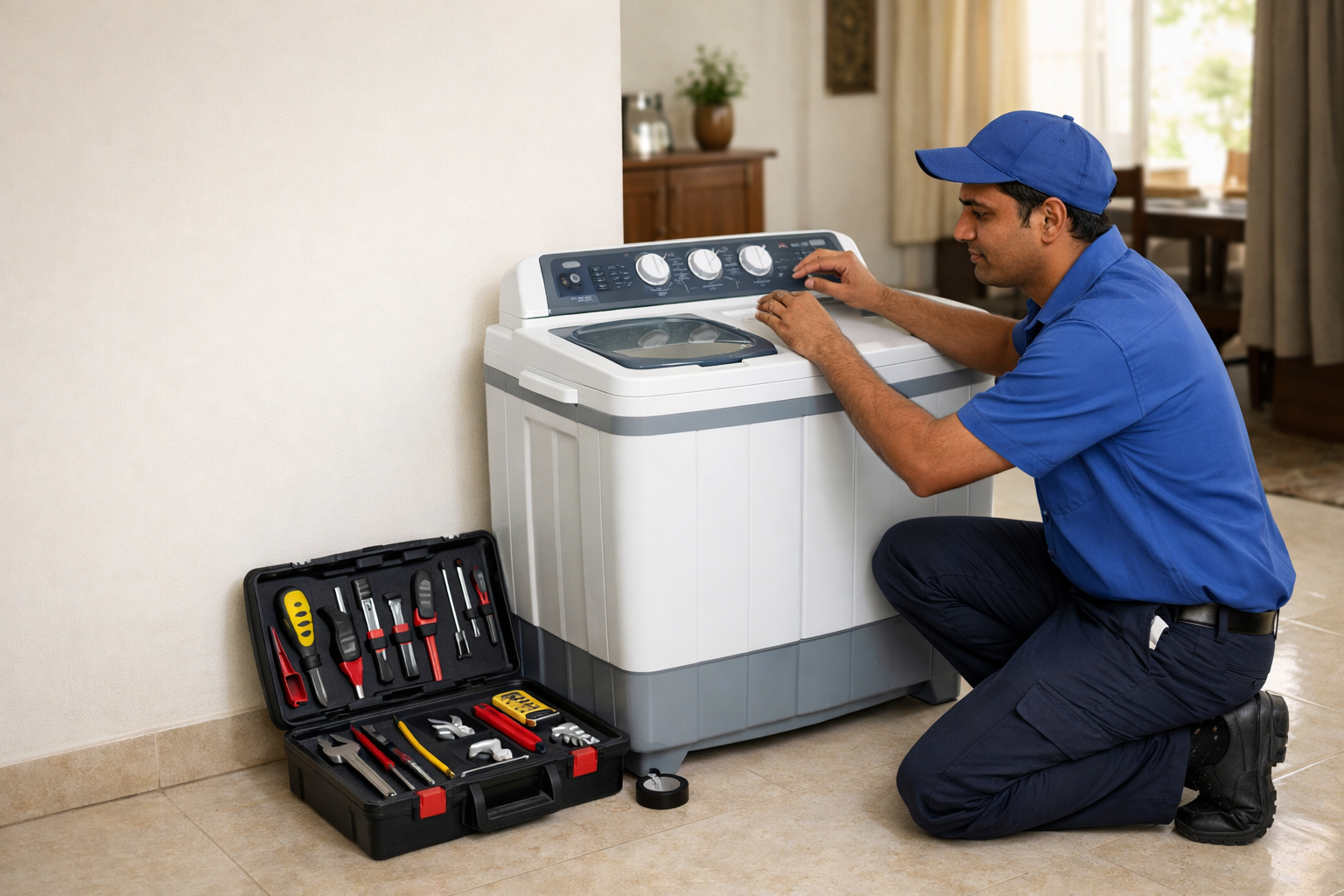 Professional washing machine technician repairing washing machine at customer home in Hyderabad