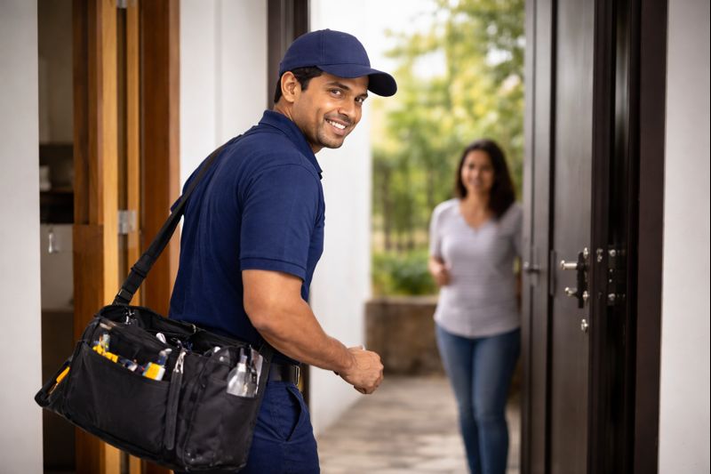 Washing machine technician visiting customer home in Hyderabad