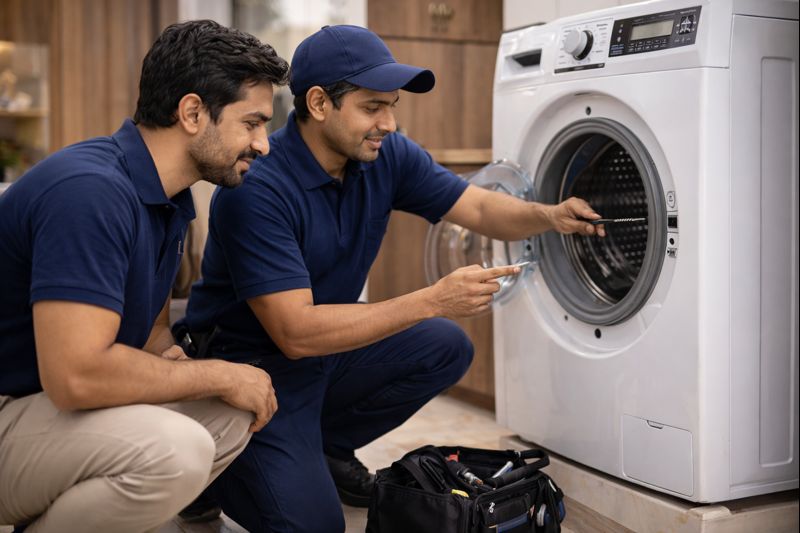 Technician repairing and explaining washing machine problem to customer