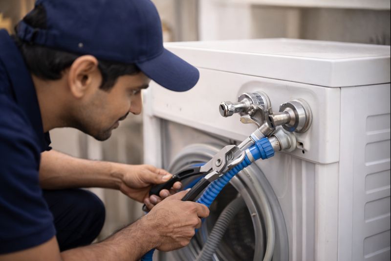 Washing machine tap fitting and water inlet pipe connection check