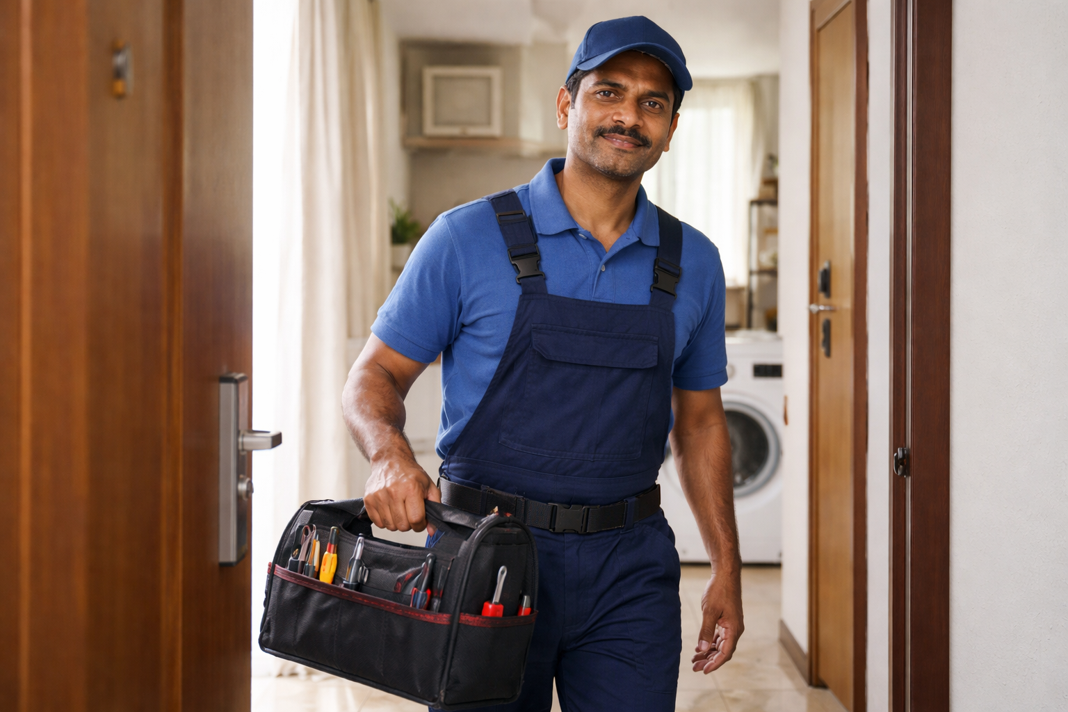 Professional washing machine technician repairing washing machine at customer home in Hyderabad