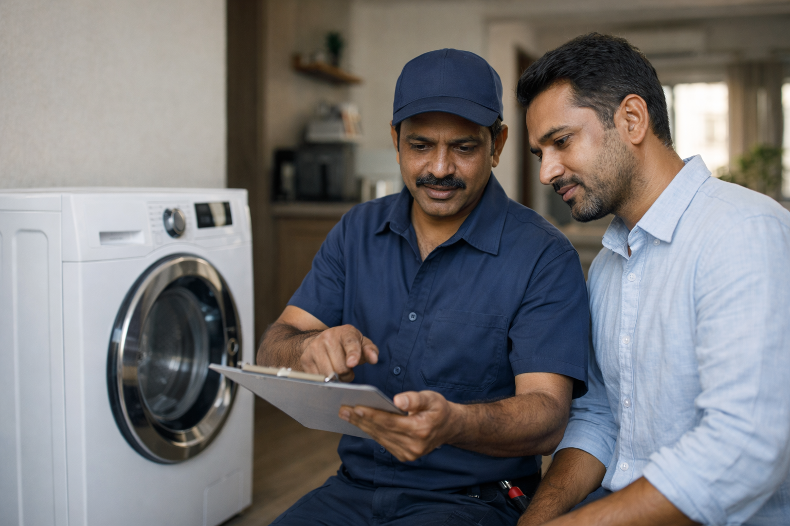 Washing machine repair technician explaining transparent pricing to customer