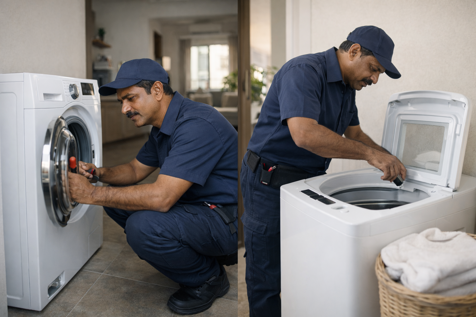 Washing machine technician repairing different brands of washing machines at home