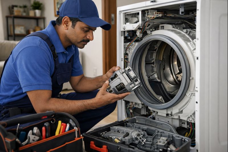 Technician using genuine spare parts for washing machine repair service