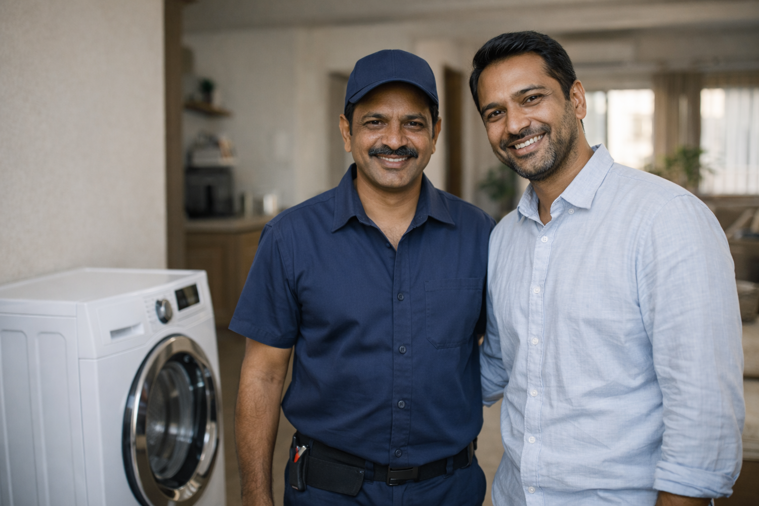 Satisfied customer after professional washing machine repair service at home