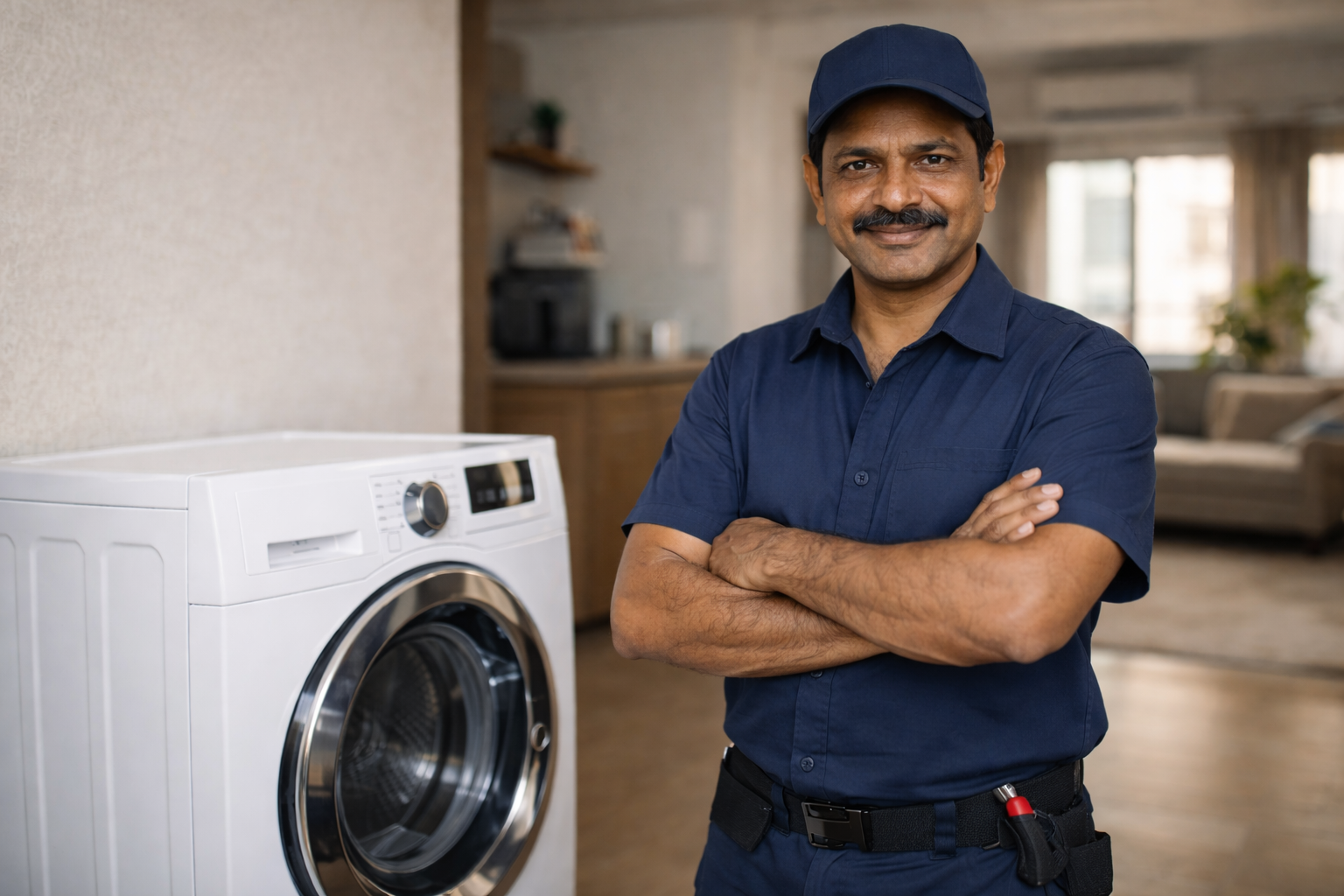 Skilled washing machine service technician standing beside washing machine after successful repair at home
