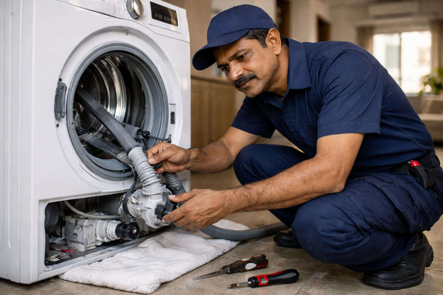 Washing machine water leakage repair service fixing drainage and hose issues at customer home in Hyderabad