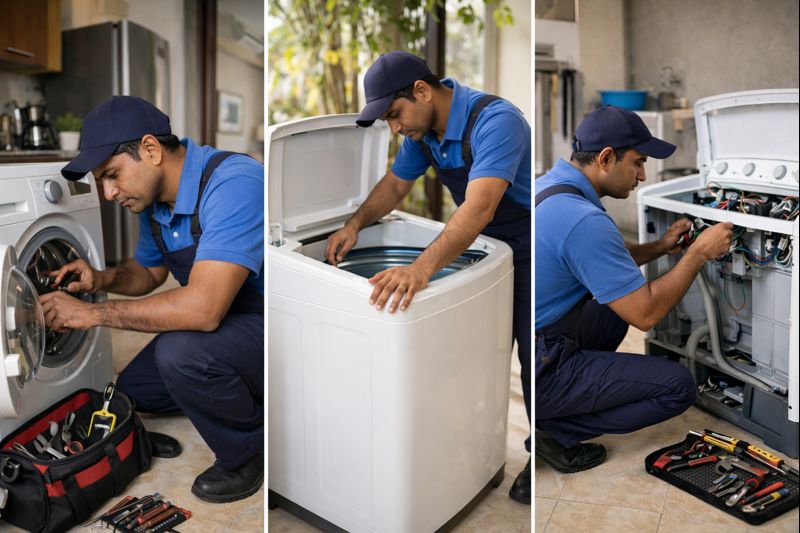 Different types of washing machines including front load and top load models repaired by professional technicians in Hyderabad
